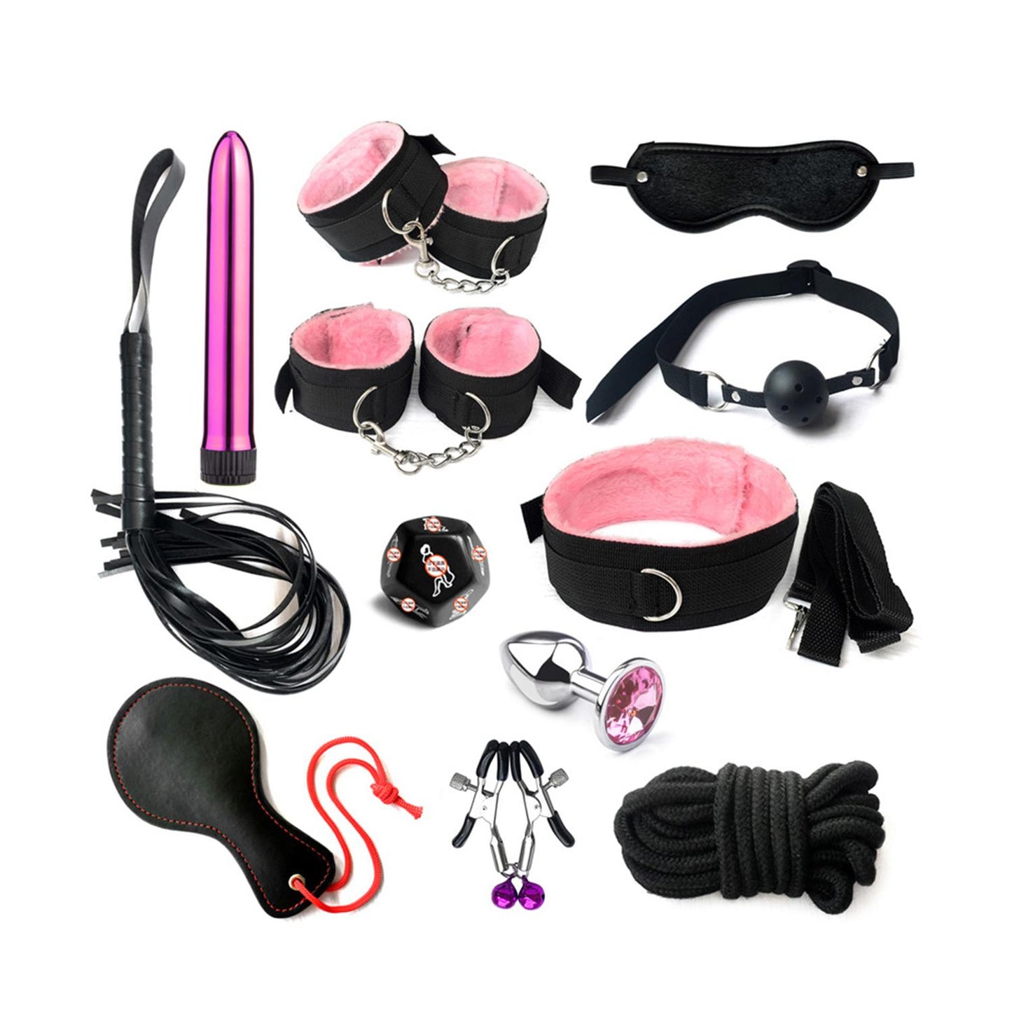 Çiftlere Özel Fantazi Seti – Kırbaç, Vibratör, Kelepçe, Göz Bandı ve Kamasutra Zarı İçeren Yetişkin Oyun Seti